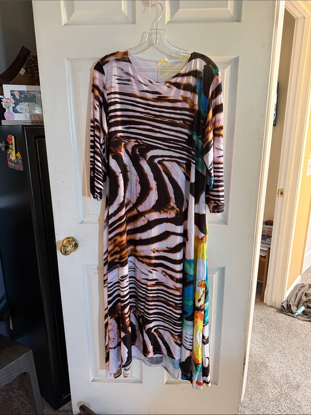 Printed Zebra-Stripe Midi Dress with Colorful Side Panel